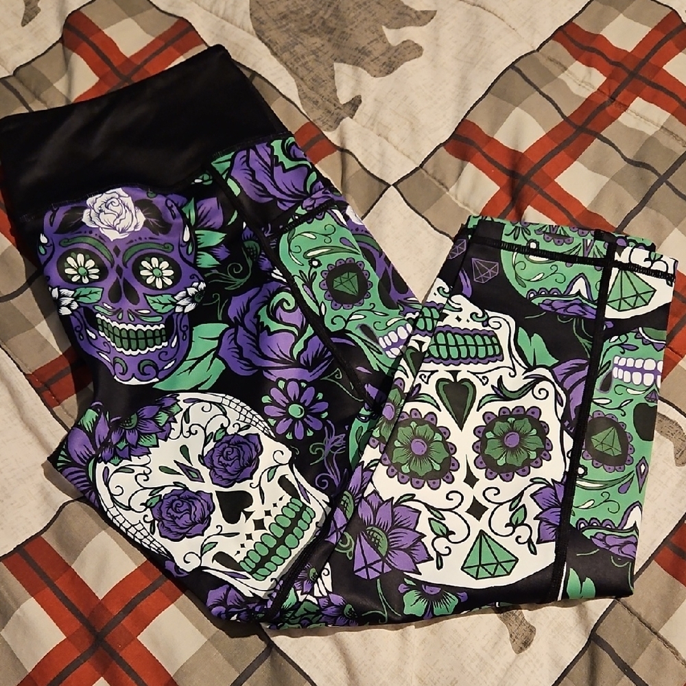 CVG Sugar Skulls Green And Purple Capri Leggings